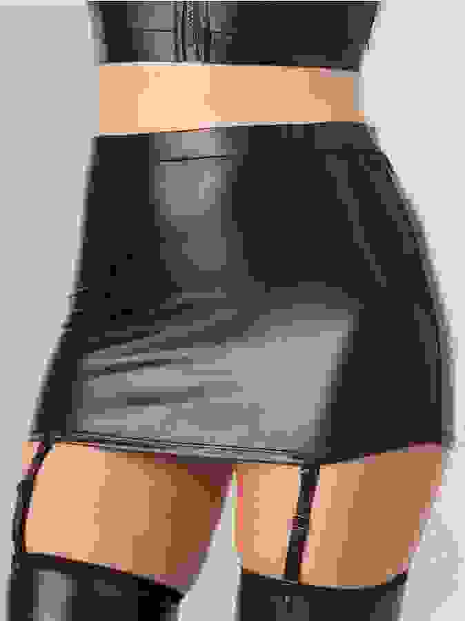 Lovehoney Fierce Wet Look Suspender Skirt , Black, hi-res